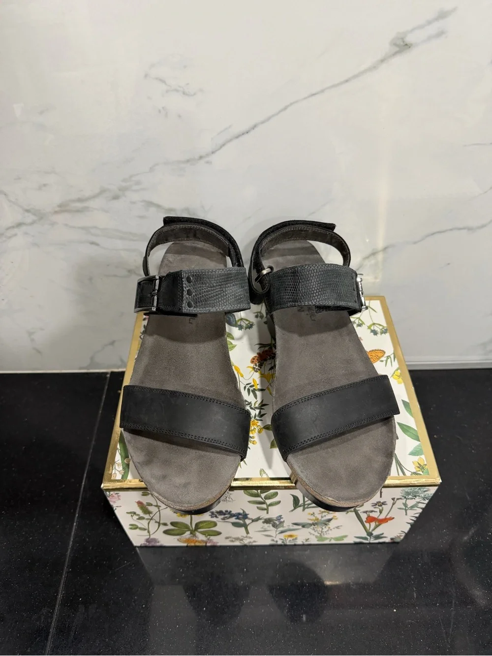 Naot Black Leather Platform Wedge Sandal with Ankle Buckle